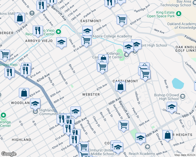 map of restaurants, bars, coffee shops, grocery stores, and more near 2026 86th Avenue in Oakland