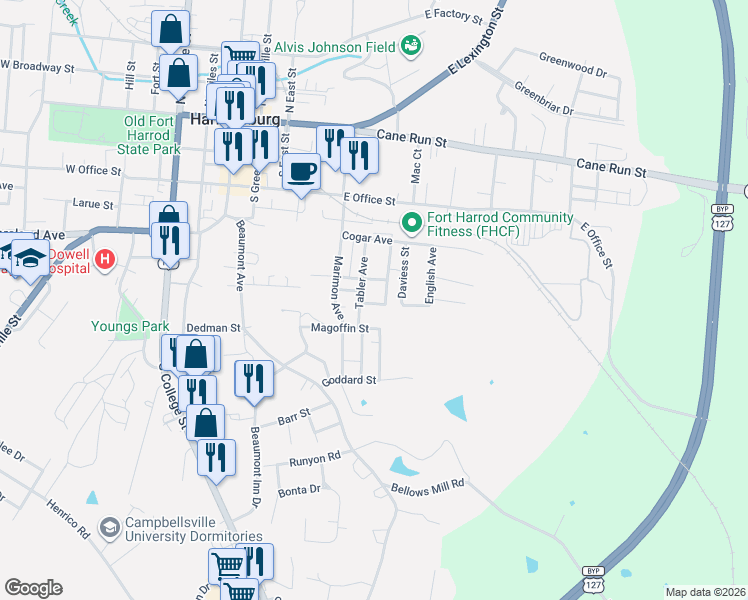map of restaurants, bars, coffee shops, grocery stores, and more near 462 Cardwell Avenue in Harrodsburg