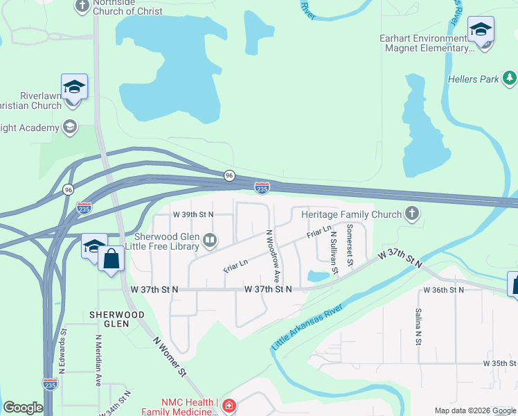 map of restaurants, bars, coffee shops, grocery stores, and more near 1702 W 39th St N in Wichita