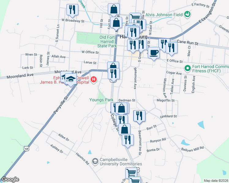 map of restaurants, bars, coffee shops, grocery stores, and more near 472 Chestnut Street in Harrodsburg