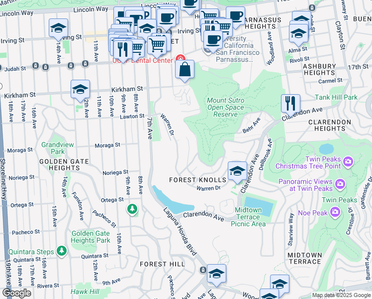 map of restaurants, bars, coffee shops, grocery stores, and more near 223 Crestmont Drive in San Francisco