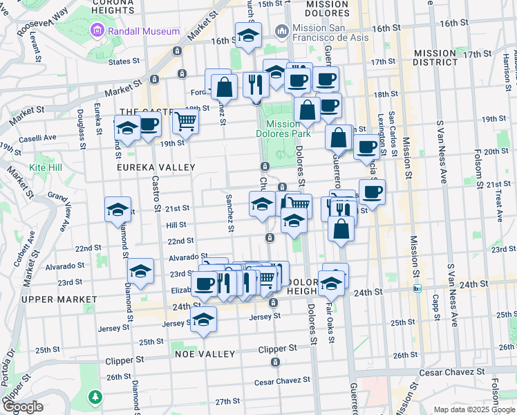 map of restaurants, bars, coffee shops, grocery stores, and more near 3615 21st Street in San Francisco