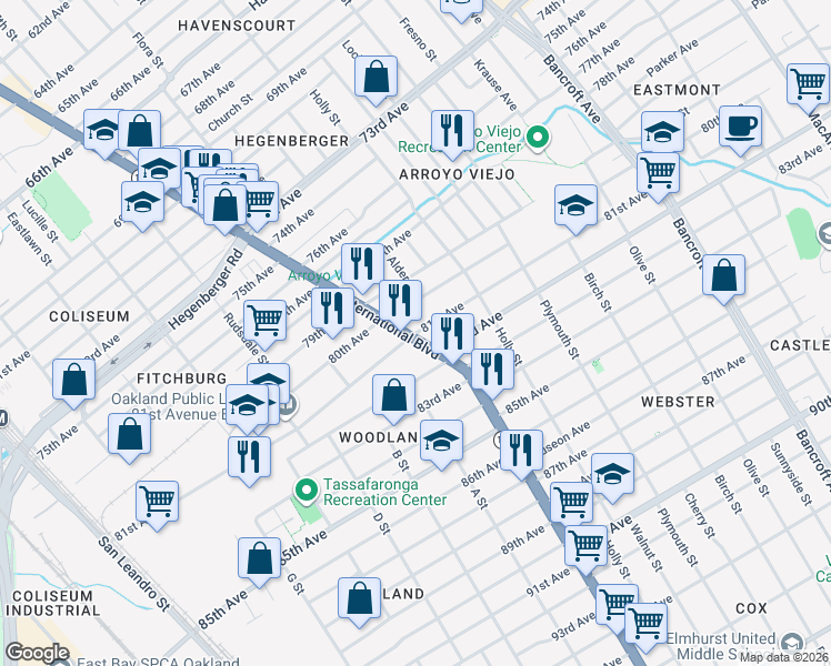map of restaurants, bars, coffee shops, grocery stores, and more near 81st Avenue in Oakland