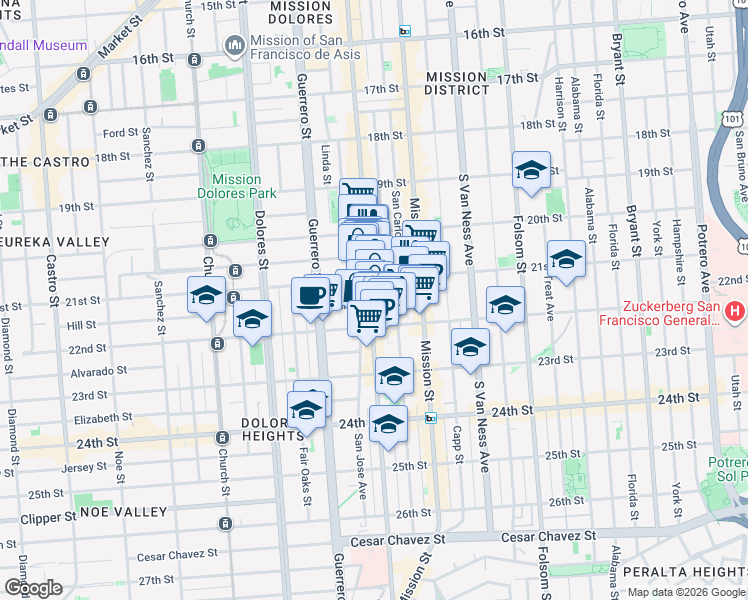 map of restaurants, bars, coffee shops, grocery stores, and more near 1043 Valencia Street in San Francisco