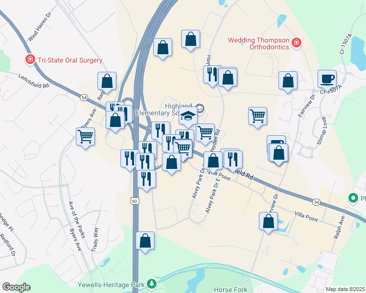 map of restaurants, bars, coffee shops, grocery stores, and more near 2909 Kentucky 54 in Owensboro