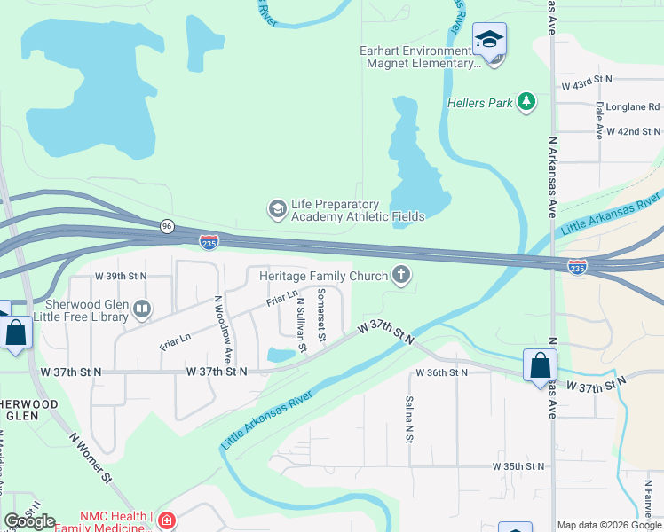 map of restaurants, bars, coffee shops, grocery stores, and more near 1303 West Nottingham Circle in Wichita