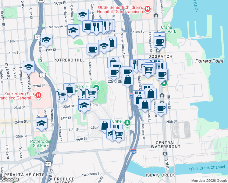 map of restaurants, bars, coffee shops, grocery stores, and more near 71 Turner Terrace in San Francisco