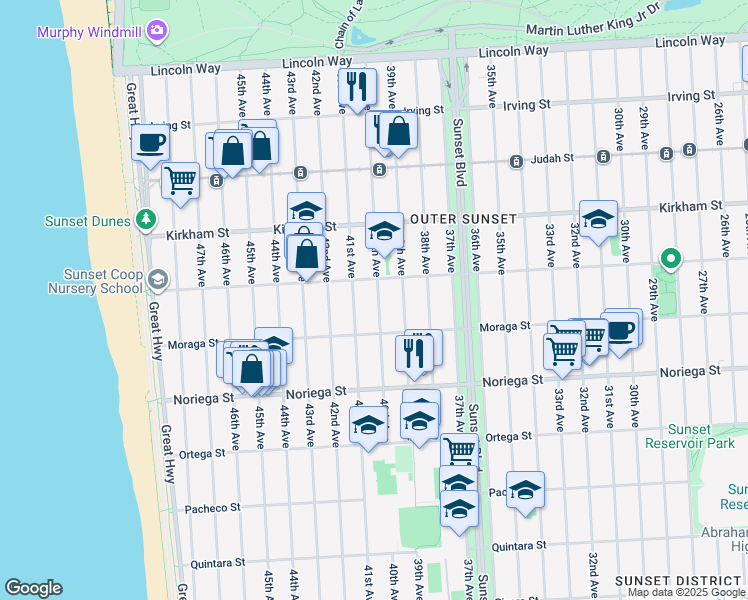 map of restaurants, bars, coffee shops, grocery stores, and more near 1635 40th Avenue in San Francisco