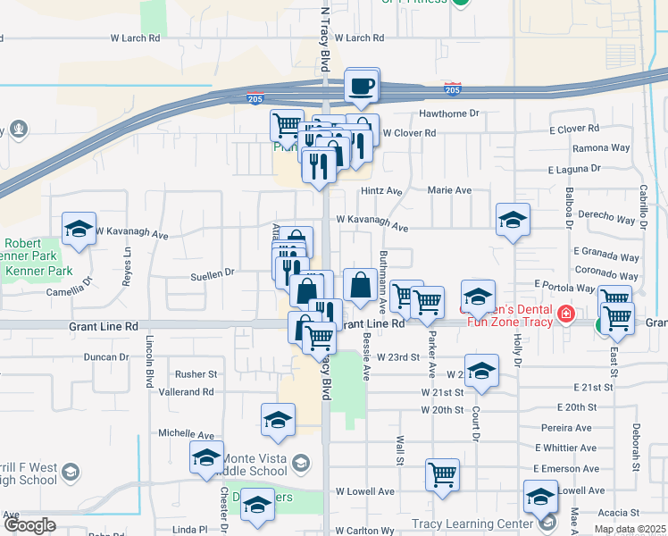 map of restaurants, bars, coffee shops, grocery stores, and more near 2800 North Tracy Boulevard in Tracy