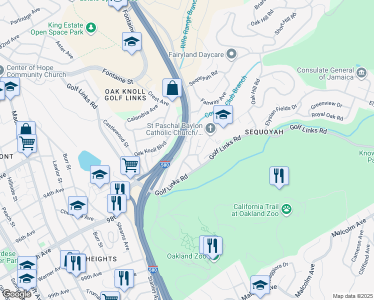 map of restaurants, bars, coffee shops, grocery stores, and more near 3643 Calafia Avenue in Oakland