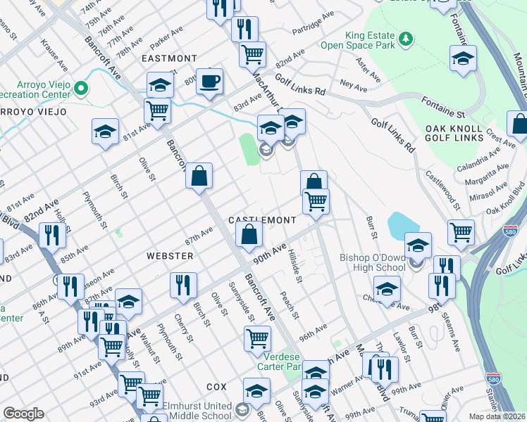 map of restaurants, bars, coffee shops, grocery stores, and more near 2355 88th Avenue in Oakland