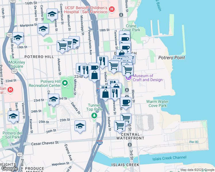 map of restaurants, bars, coffee shops, grocery stores, and more near 1095 Indiana Street in San Francisco