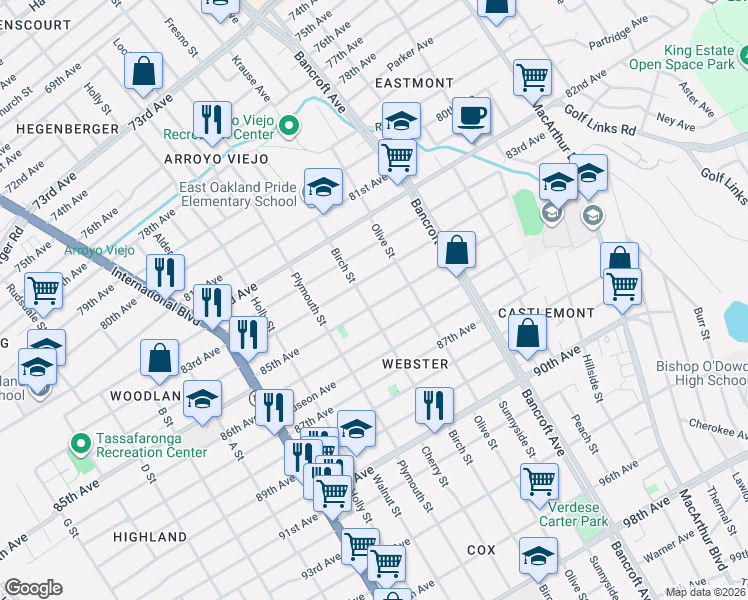 map of restaurants, bars, coffee shops, grocery stores, and more near 1923 85th Avenue in Oakland