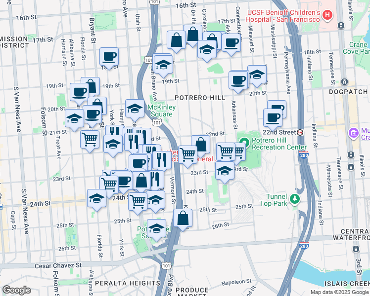 map of restaurants, bars, coffee shops, grocery stores, and more near 1041 Kansas Street in San Francisco