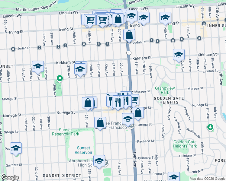 map of restaurants, bars, coffee shops, grocery stores, and more near 1674 22nd Avenue in San Francisco