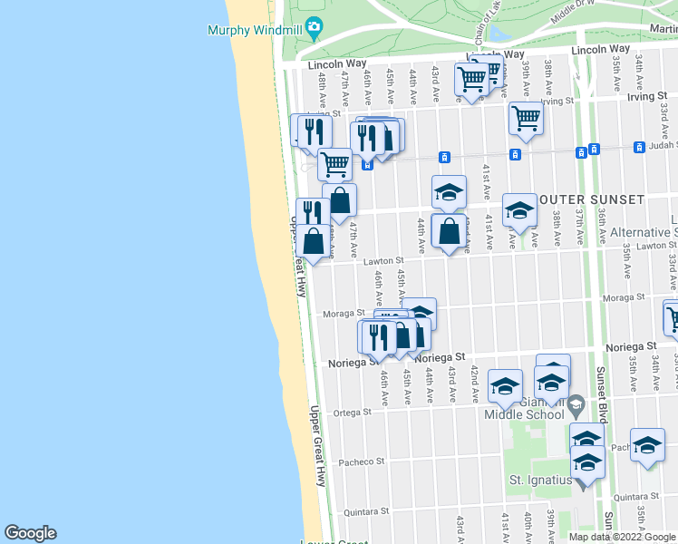 map of restaurants, bars, coffee shops, grocery stores, and more near 4201 Lawton Street in San Francisco