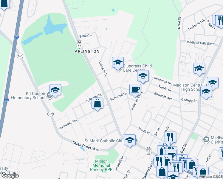map of restaurants, bars, coffee shops, grocery stores, and more near 106 North Poplar Street in Richmond