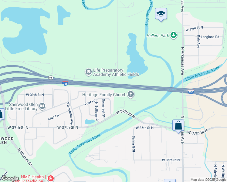 map of restaurants, bars, coffee shops, grocery stores, and more near State Highway 96 in Wichita