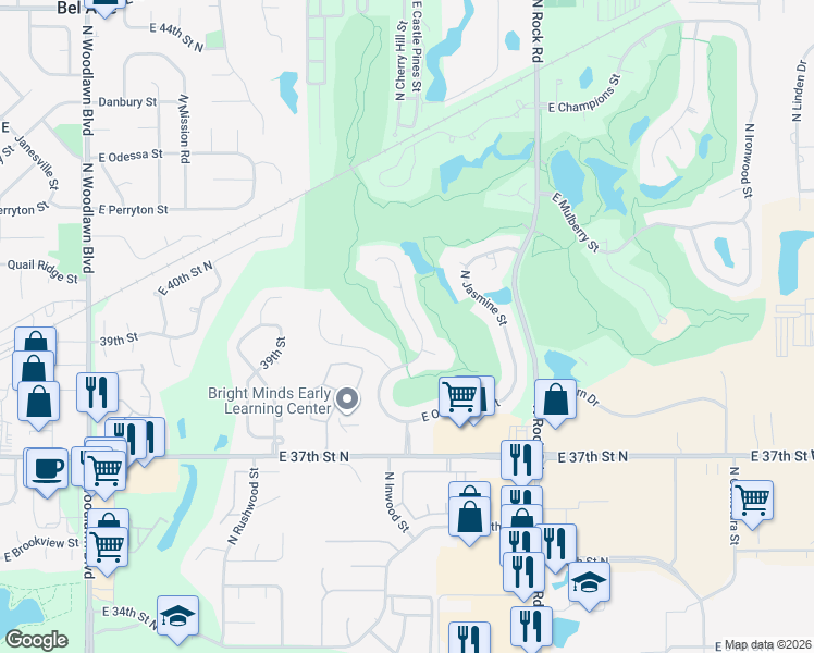 map of restaurants, bars, coffee shops, grocery stores, and more near 4005 North Sweet Bay Street in Wichita