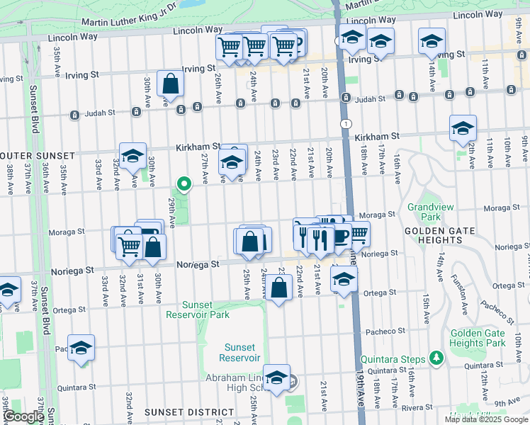 map of restaurants, bars, coffee shops, grocery stores, and more near 1678 24th Avenue in San Francisco