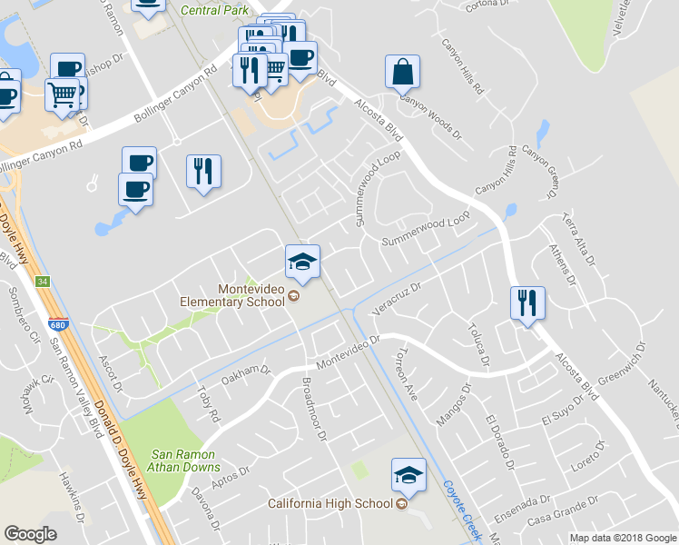 map of restaurants, bars, coffee shops, grocery stores, and more near 155 Fallbury Court in San Ramon