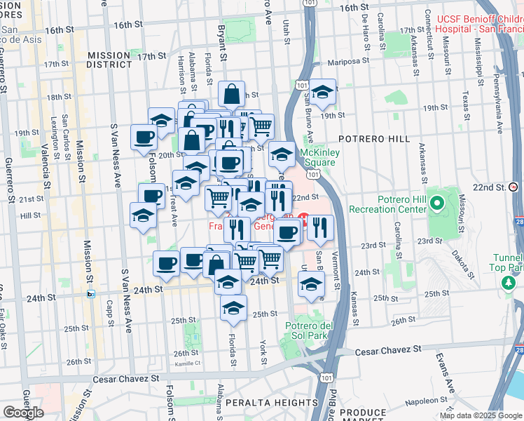 map of restaurants, bars, coffee shops, grocery stores, and more near 2662 22nd Street in San Francisco