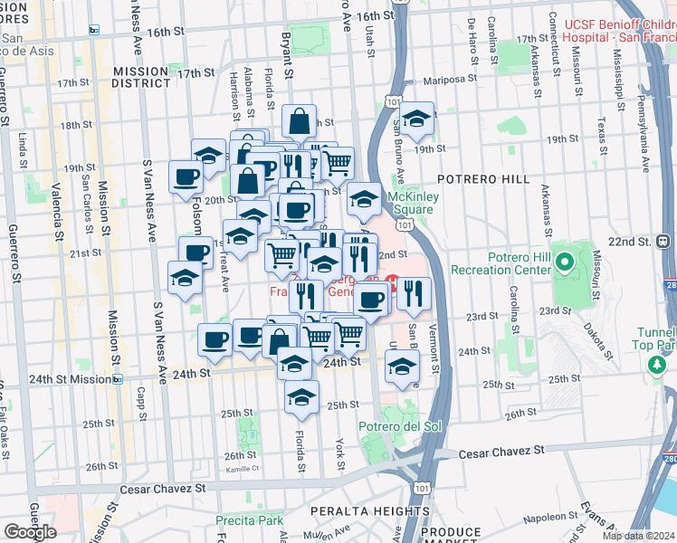 map of restaurants, bars, coffee shops, grocery stores, and more near 2662 22nd Street in San Francisco