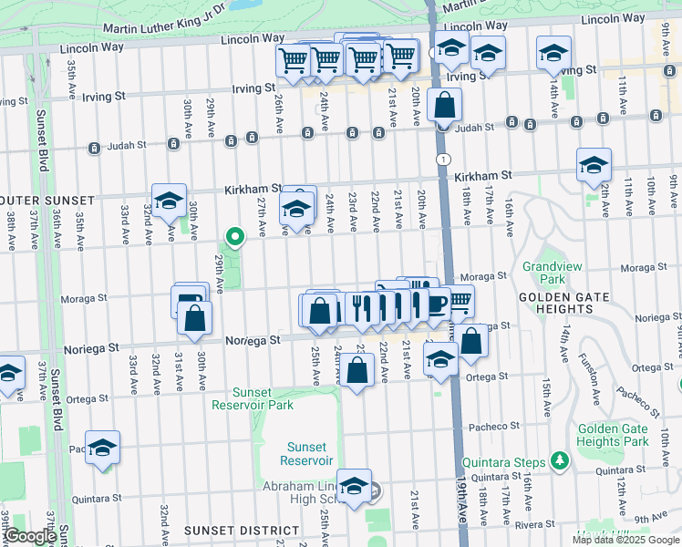 map of restaurants, bars, coffee shops, grocery stores, and more near 1678 24th Avenue in San Francisco