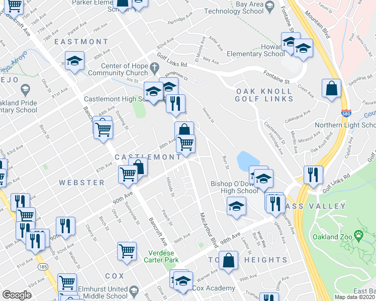 map of restaurants, bars, coffee shops, grocery stores, and more near 8906 MacArthur Boulevard in Oakland