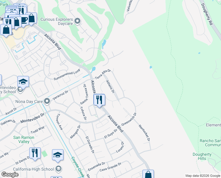 map of restaurants, bars, coffee shops, grocery stores, and more near 131 Camden Court in San Ramon