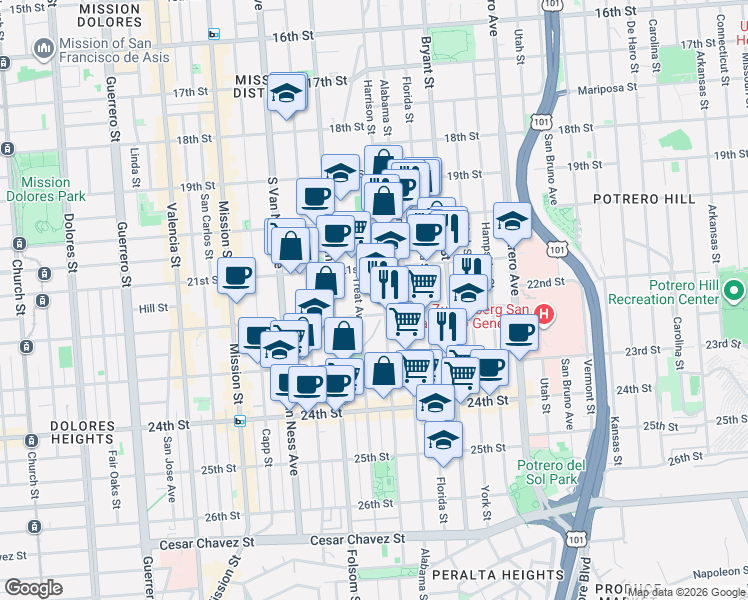 map of restaurants, bars, coffee shops, grocery stores, and more near 2576 Harrison Street in San Francisco