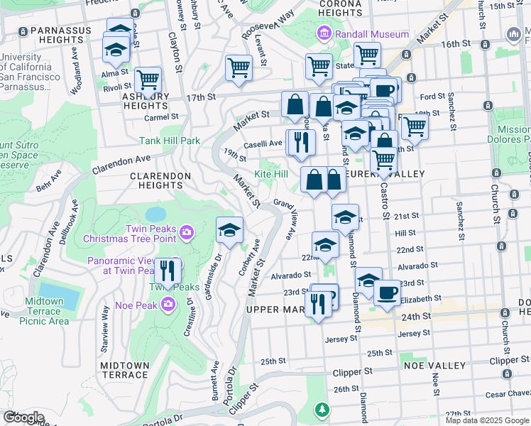 map of restaurants, bars, coffee shops, grocery stores, and more near 3550 Market Street in San Francisco