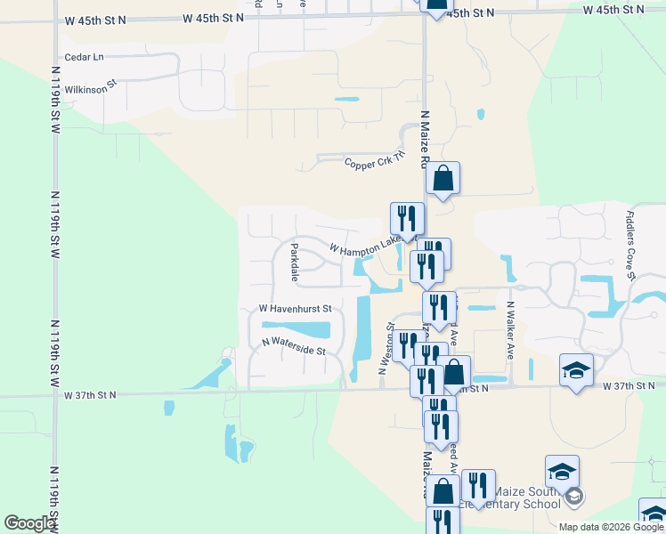map of restaurants, bars, coffee shops, grocery stores, and more near 10711 West Clubview Road in Maize