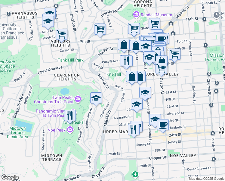 map of restaurants, bars, coffee shops, grocery stores, and more near 3550 Market Street in San Francisco