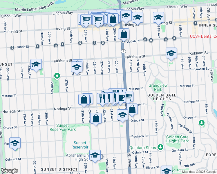 map of restaurants, bars, coffee shops, grocery stores, and more near 1674 22nd Avenue in San Francisco