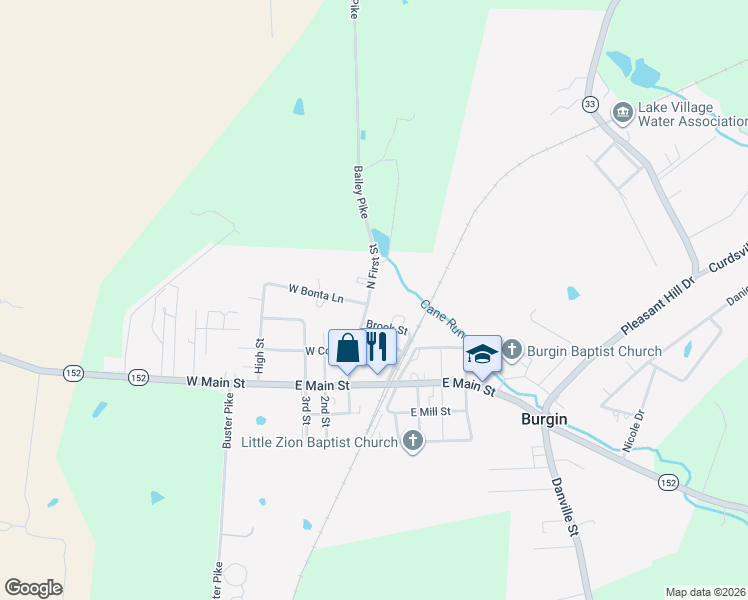 map of restaurants, bars, coffee shops, grocery stores, and more near 409 North 1st Street in Burgin