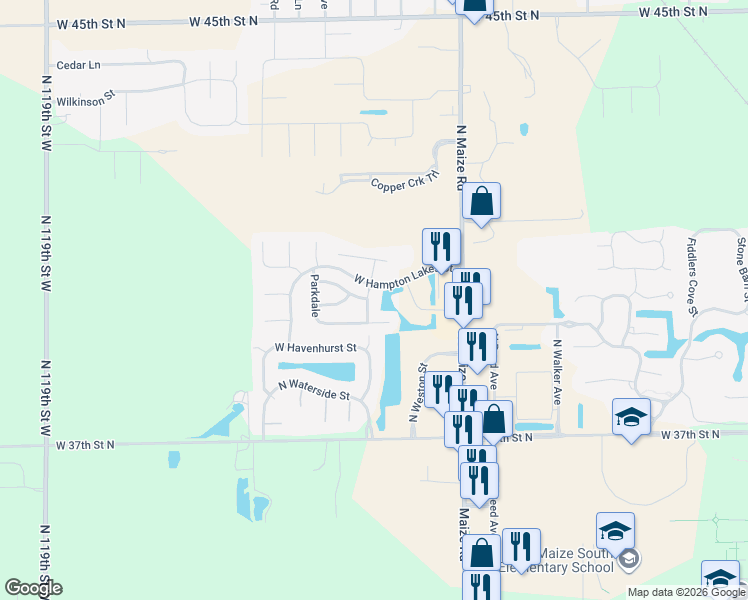 map of restaurants, bars, coffee shops, grocery stores, and more near 4032 North Manchester Street in Maize