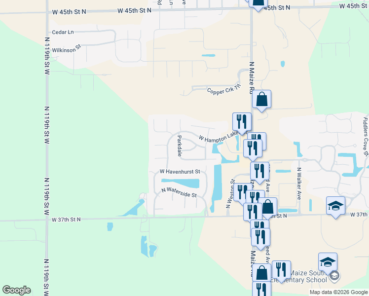 map of restaurants, bars, coffee shops, grocery stores, and more near 10912 West Jamesport Drive in Maize