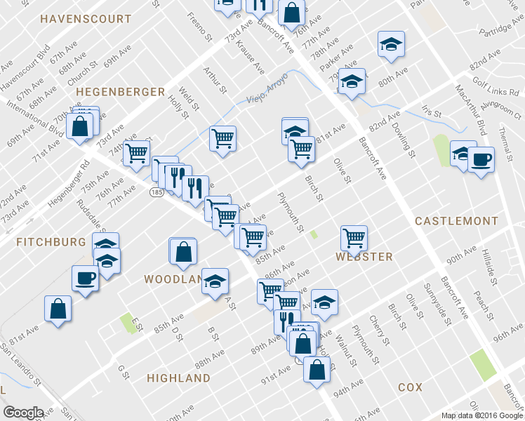 map of restaurants, bars, coffee shops, grocery stores, and more near 1621 83rd Avenue in Oakland