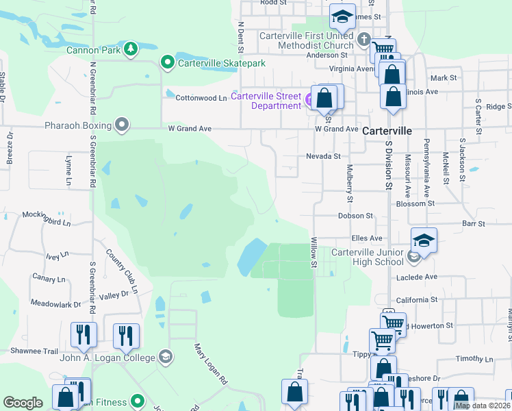 map of restaurants, bars, coffee shops, grocery stores, and more near 1154 Oakwood Drive in Carterville