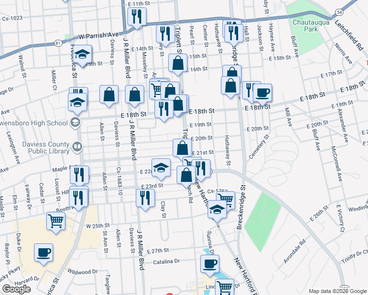 map of restaurants, bars, coffee shops, grocery stores, and more near 516 East 20th Street in Owensboro