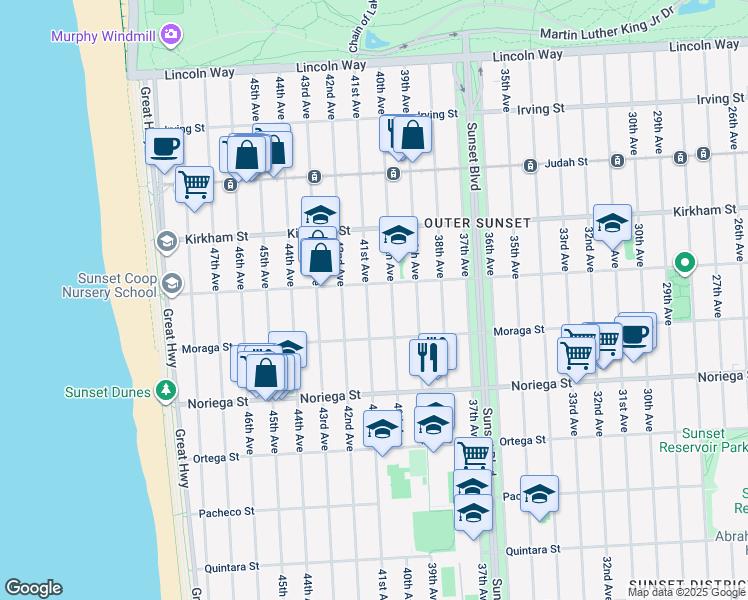 map of restaurants, bars, coffee shops, grocery stores, and more near 1626 41st Avenue in San Francisco