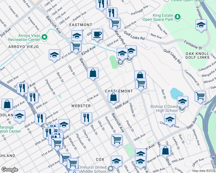 map of restaurants, bars, coffee shops, grocery stores, and more near 2269 87th Avenue in Oakland