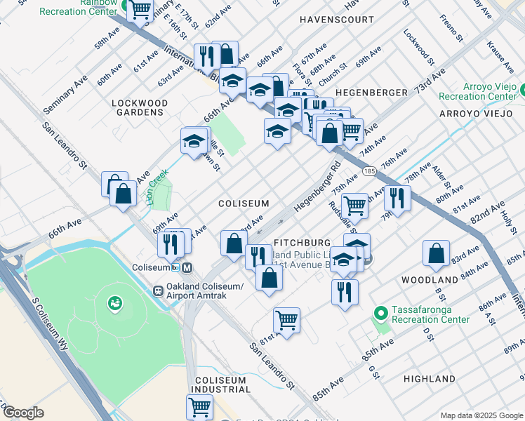 map of restaurants, bars, coffee shops, grocery stores, and more near 1061 73rd Avenue in Oakland