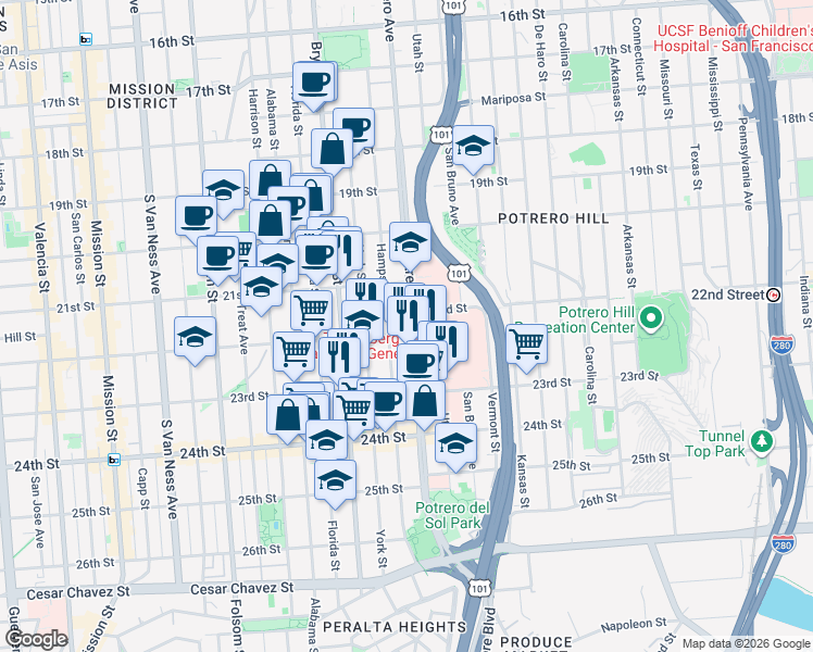 map of restaurants, bars, coffee shops, grocery stores, and more near 979 Hampshire Street in San Francisco