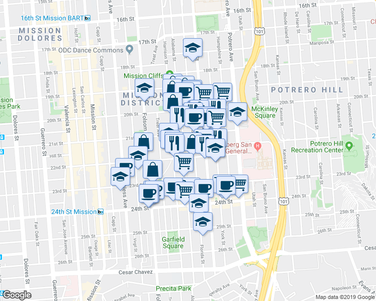 map of restaurants, bars, coffee shops, grocery stores, and more near 966 Florida Street in San Francisco