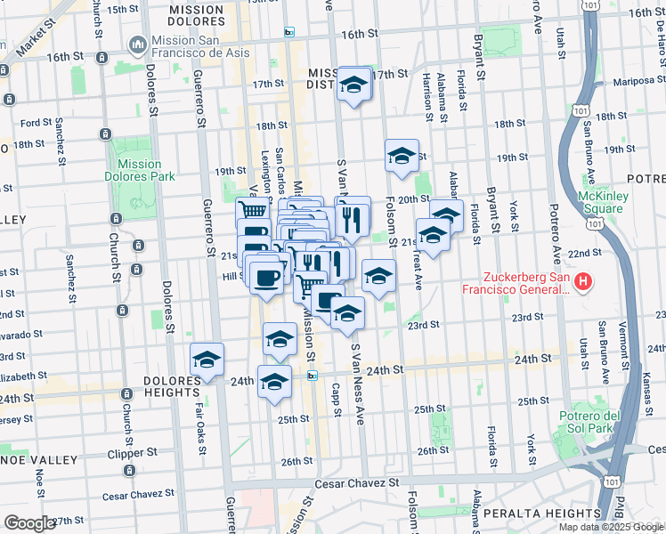map of restaurants, bars, coffee shops, grocery stores, and more near 628 Capp Street in San Francisco