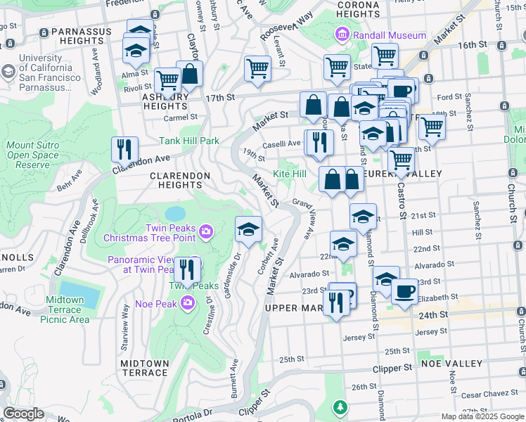 map of restaurants, bars, coffee shops, grocery stores, and more near 642 Corbett Avenue in San Francisco