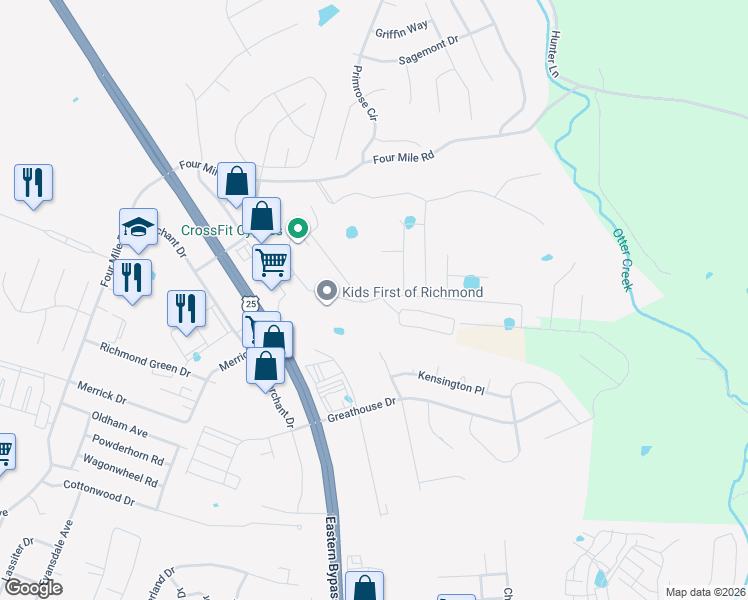 map of restaurants, bars, coffee shops, grocery stores, and more near 400 Ferris Parks Boulevard in Richmond