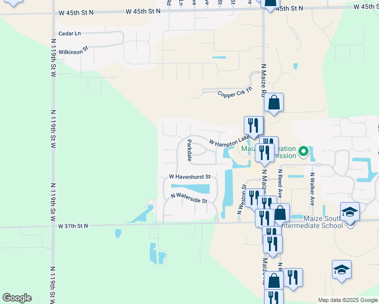 map of restaurants, bars, coffee shops, grocery stores, and more near Parkdale in Maize